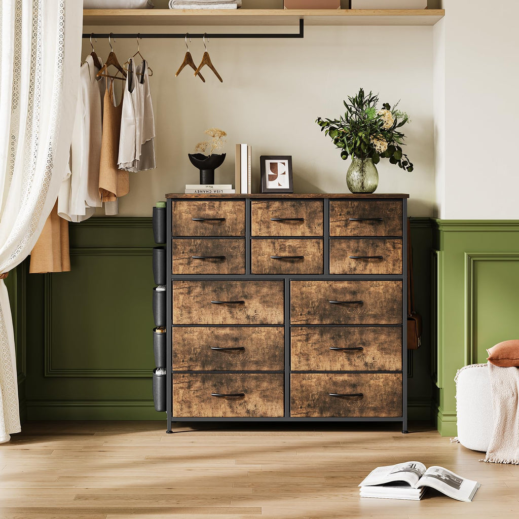 12, Chest of Drawers with Side Pockets and Hooks, Fabric Storage, Sturdy Steel Frame, Wood Top, Easy Pull Handle