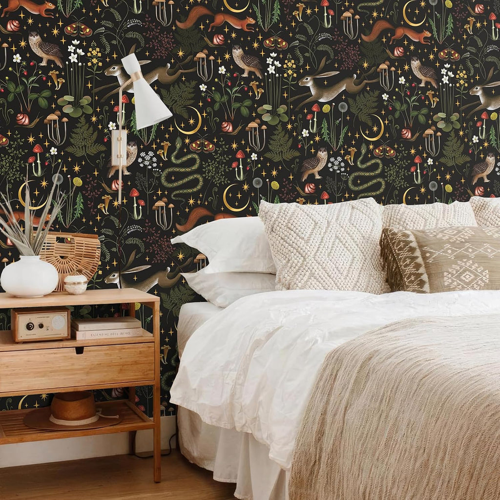 Black Woodland Mushroom Peel and Stick Wallpaper Boho Fairy Forest Wallpaper for Kids Room Nursery 17.7''x354''