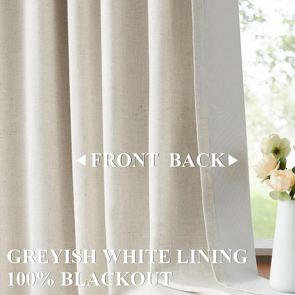 Natural Pinch Pleated Full Blackout Curtains Linen Blended Room Darkening Window Curtains 90 inch for Living Room