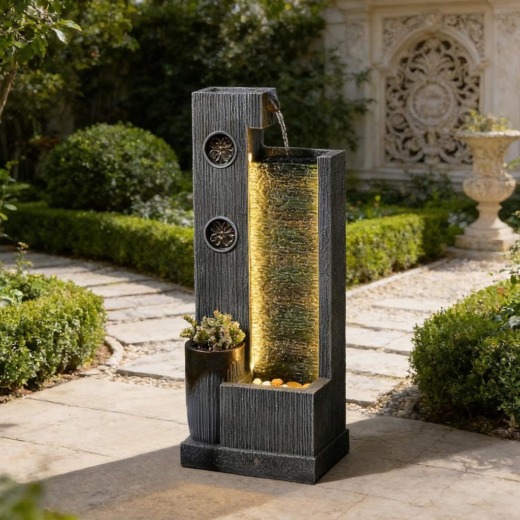 37’’ Tall Waterfall Fountain Indoor Modern Outdoor Water Fountains with LED Light,Vertical Striped Texture Floor
