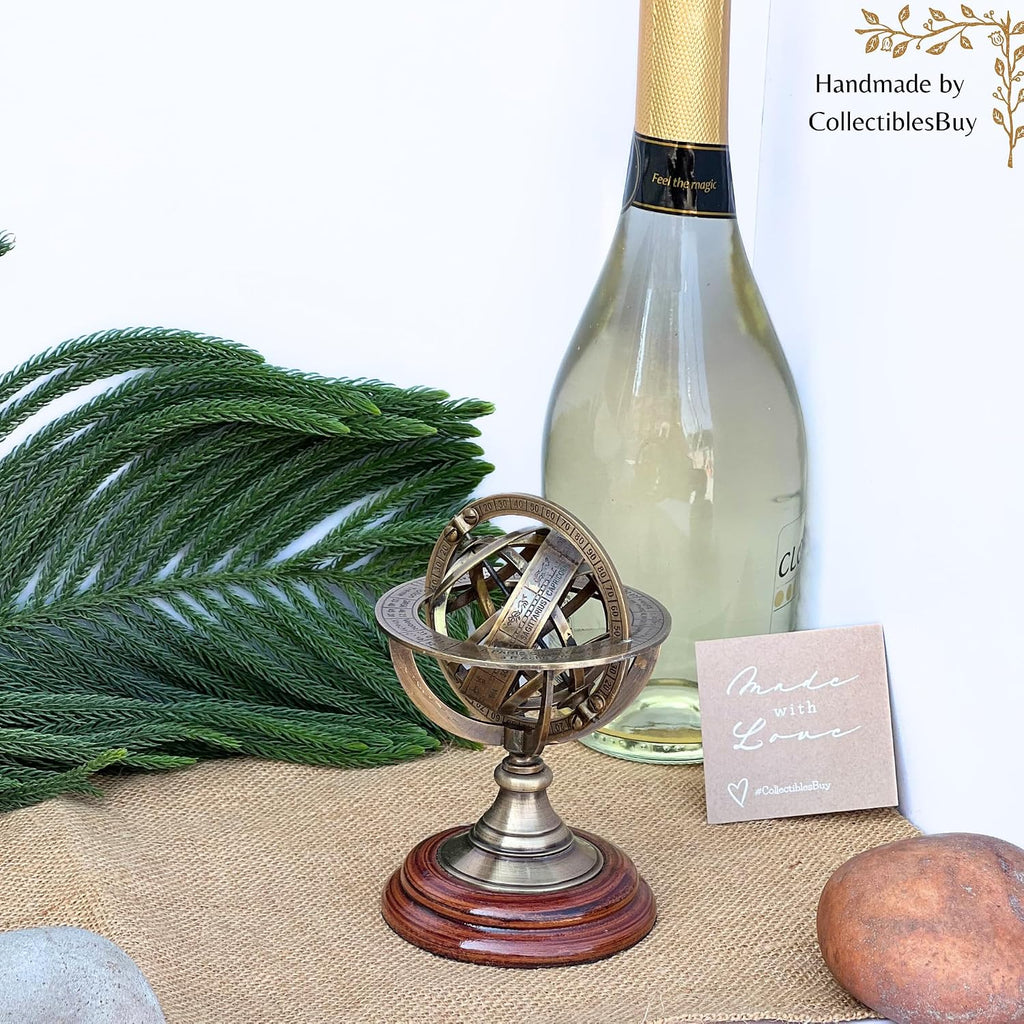 Handmade Brass Armillary Sphere Globe Clock Spherical Astrolabe Vintage Compass Handmade Nautical Decor Desk & Home