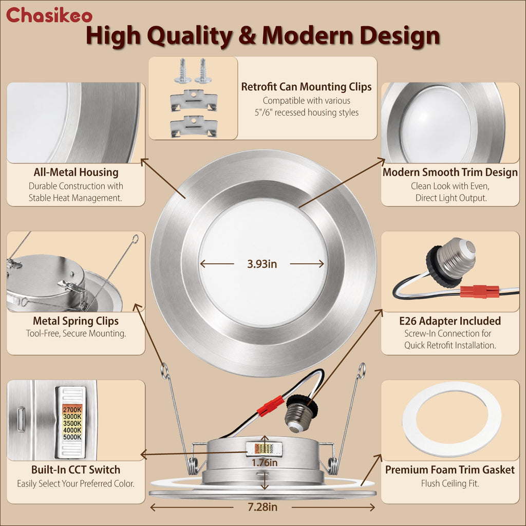4 Pack 6 Inch Metal LED Recessed Lighting, Brushed Nickel LED Can Lights