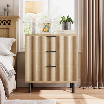 Fluted Dresser with 3-Drawer and Metal Legs, Oak
