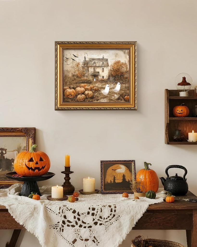 Retro Detachable Gold Framed Wall Art Decor Halloween Pumpkins with Cute Ghost Farmhouse Gold Framed Wall Decor