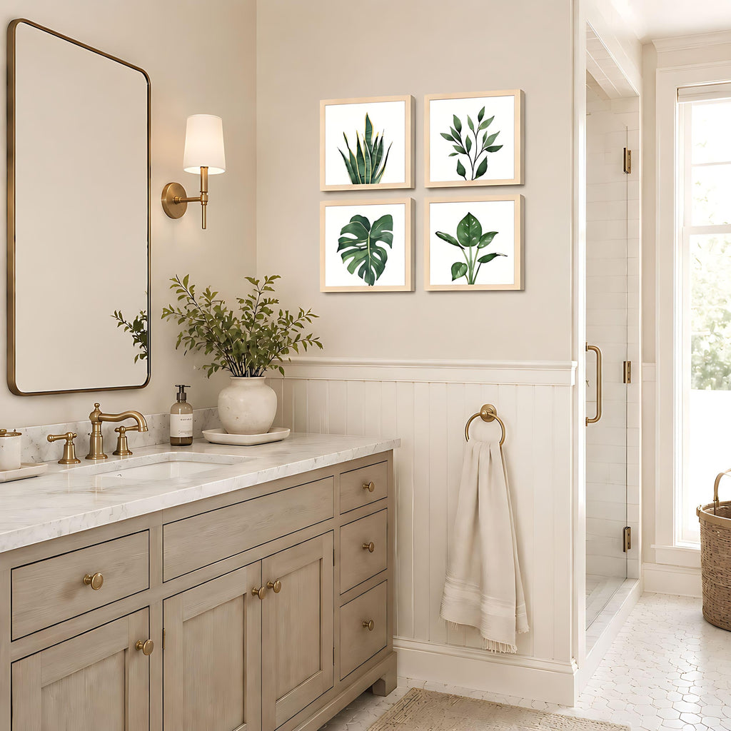 Framed Bathroom Wall Art Decor, 10"x10" Botanical Artwork Beige
