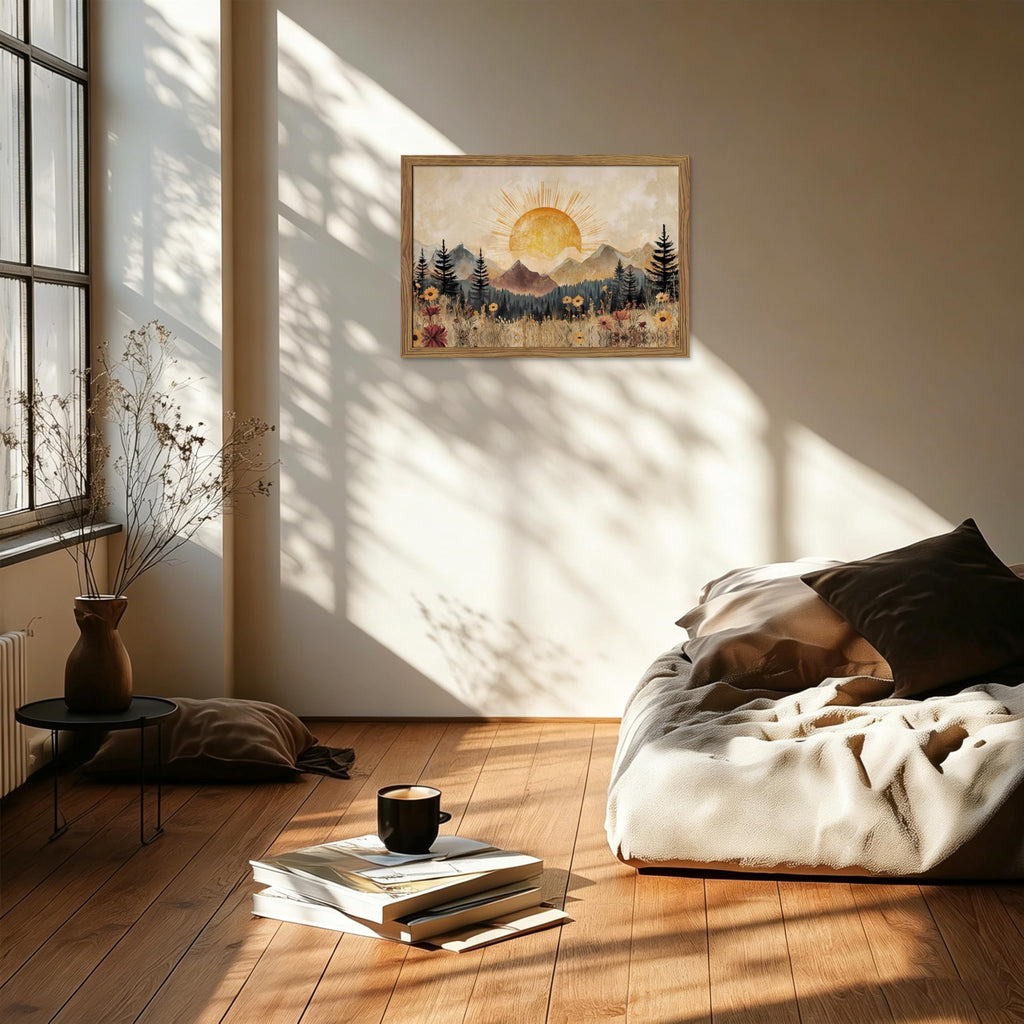 Framed Vintage Sunrise Mountain Landscape Wall Art, Golden Sunburst Meadow Forest Canvas Print, Retro Wildflower