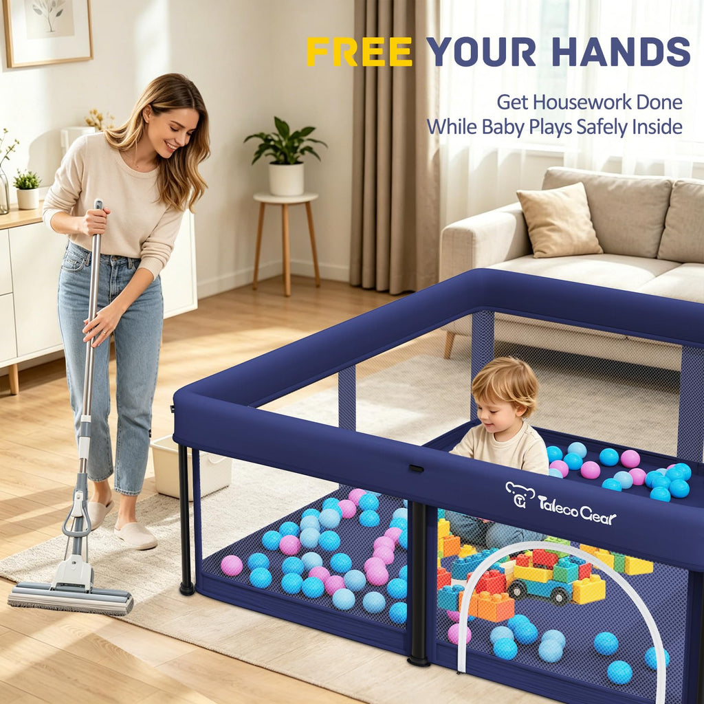 Foldable Baby Playpen with Mat, 50"×50" Collapsible Play Pen for Babies and Toddlers, Indoor & Outdoor Kids Safety