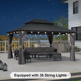 12'x14' Hardtop Gazebo with Lights Double Roof on Galvanized Steel Frame Outdoor Pavilion Including Netting and