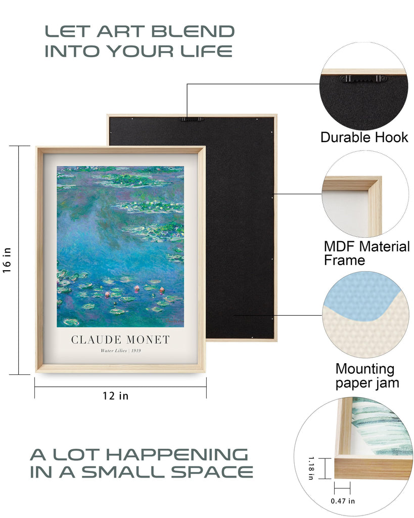Framed Claude Monet Water Lilies Canvas Wall Art Set of 3 12x16in