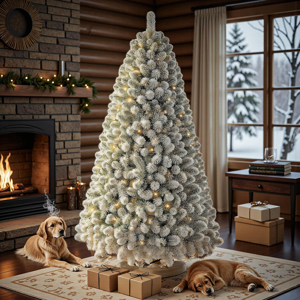 7.5 FT Pre-lit Snow Flocked Christmas Tree, Artificial Spruce Christmas Tree 1100 PVC Branch Tips 350 Warm White