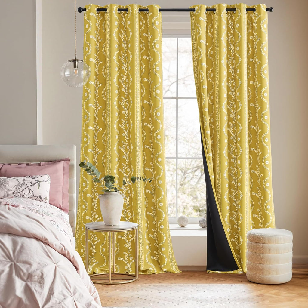 Yellow Curtains 96 Inch Length Blackout Curtain Grommet Luxury Whimsical Floral Patterned Waverly Mid Century