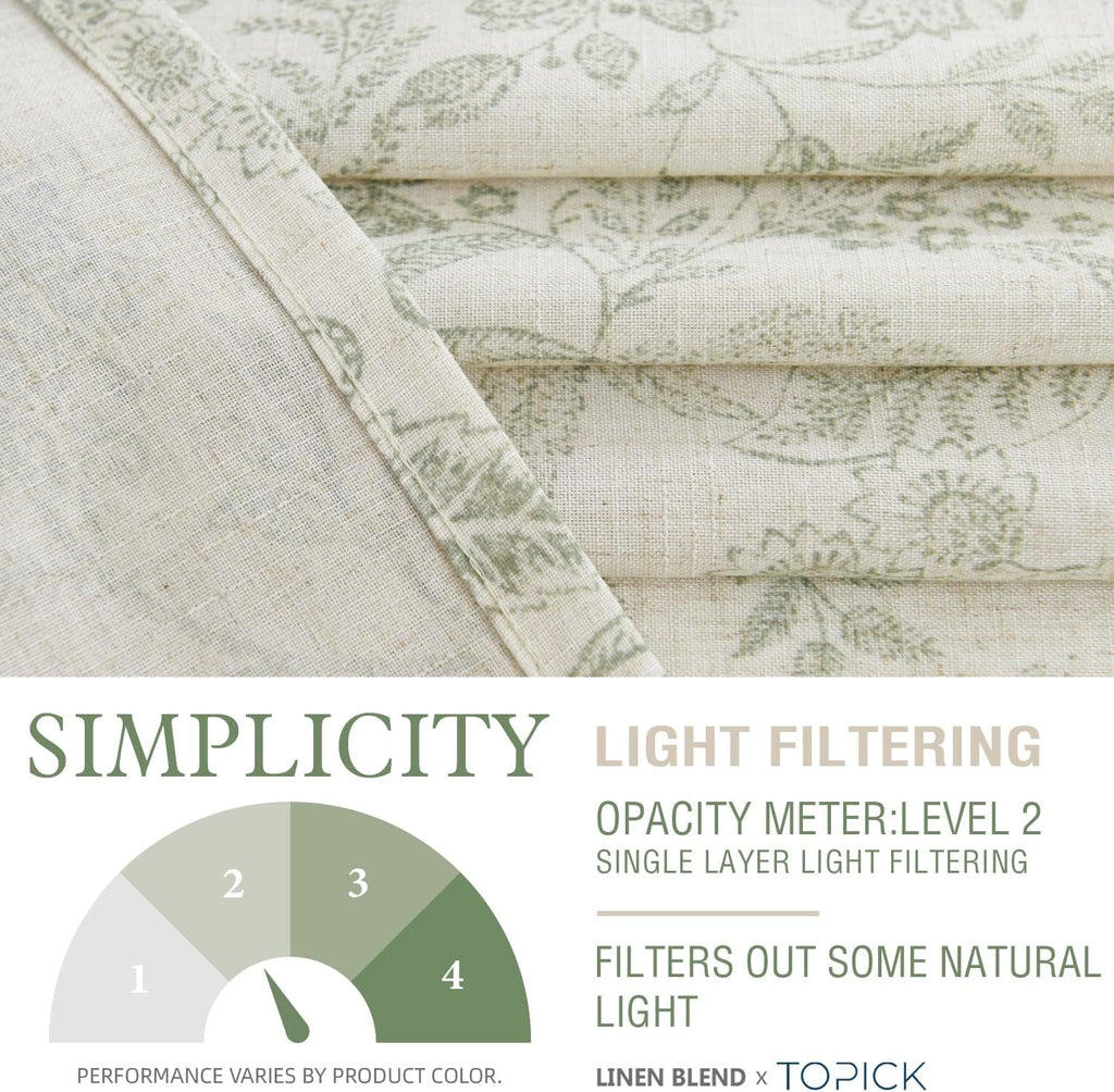 Green on Beige Floral Vine Linen Kitchen Curtains 26W X 24L 2 Panels