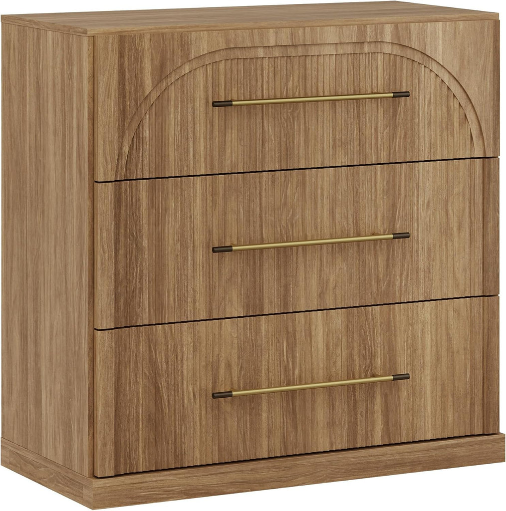 32.5" Kitchen Storage Cabinet with 3 Drawers,Freestanding Accent Cabinet with Fluted Arched Design & Gold