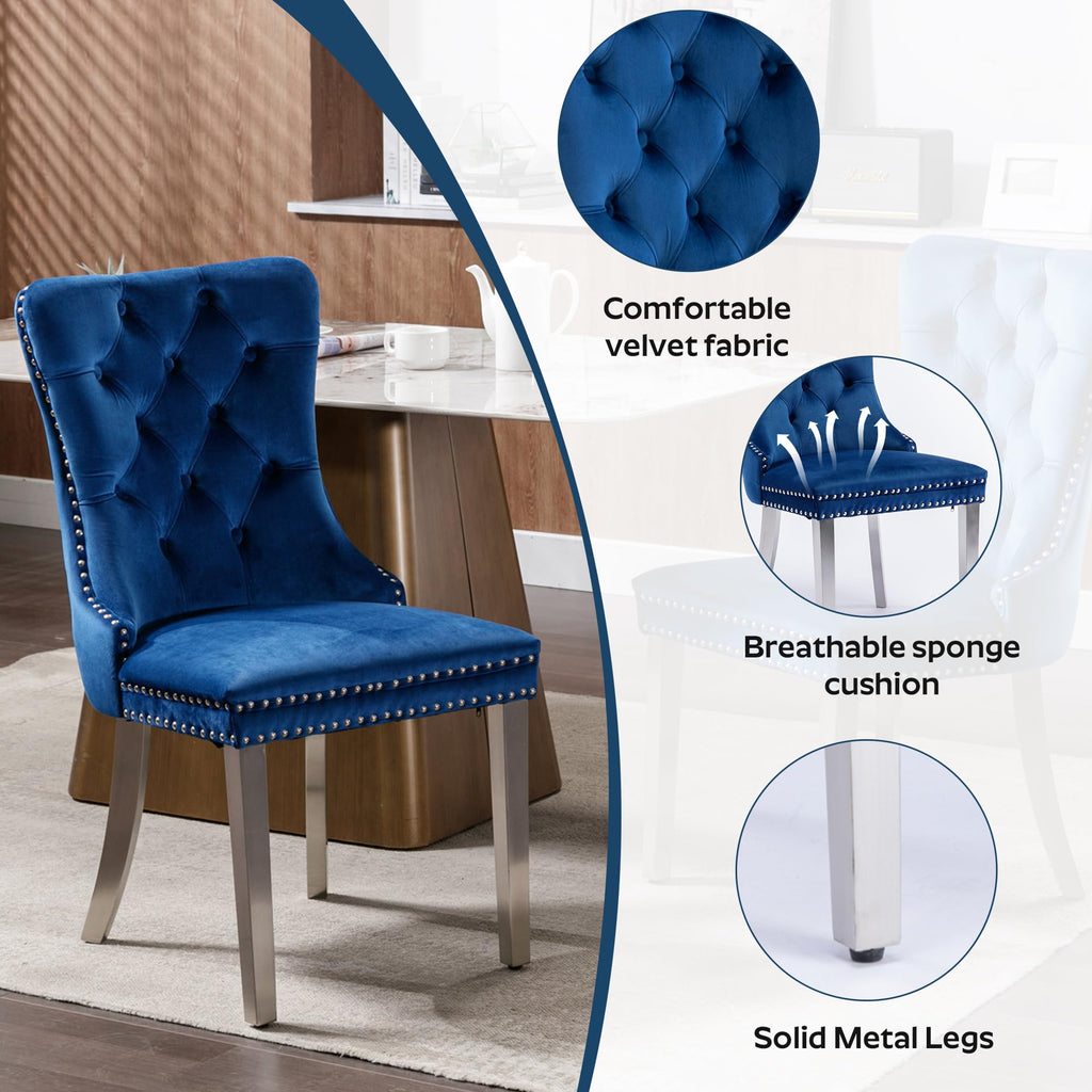 47" Luxury Glass Round Dining Table Set with 6 Velvet Upholstered Dining Chairs with Metal Legs, Modern Kitchen Table