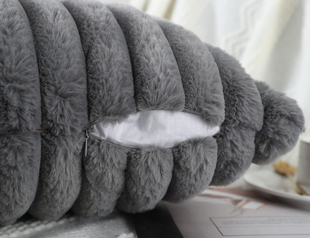 Set of 2 Faux Fur Decorative Throw Pillow Covers 18 x 18 Grey, Luxury Plush Modern Accent Funky Boho Pillow Covers