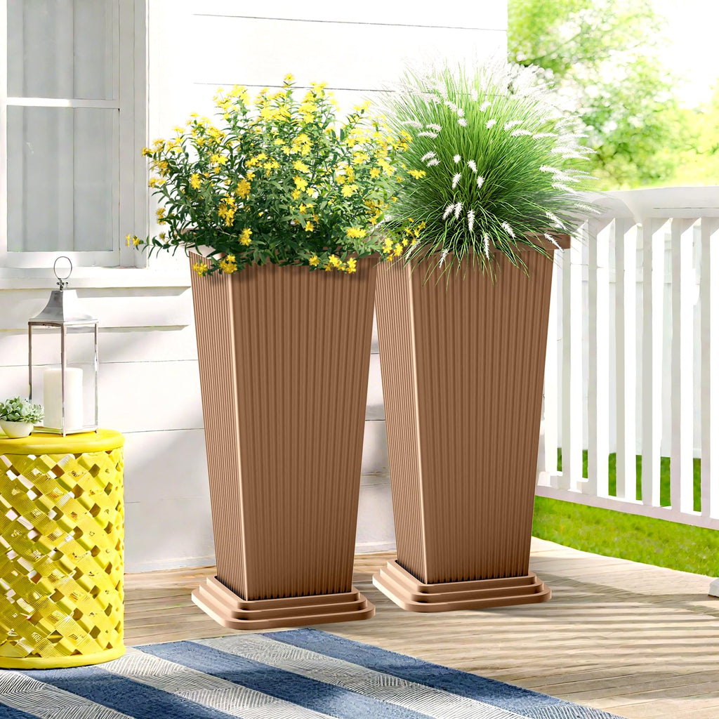 Set of 2 Tall Planters for Outdoor Plants, Brown Ribbed