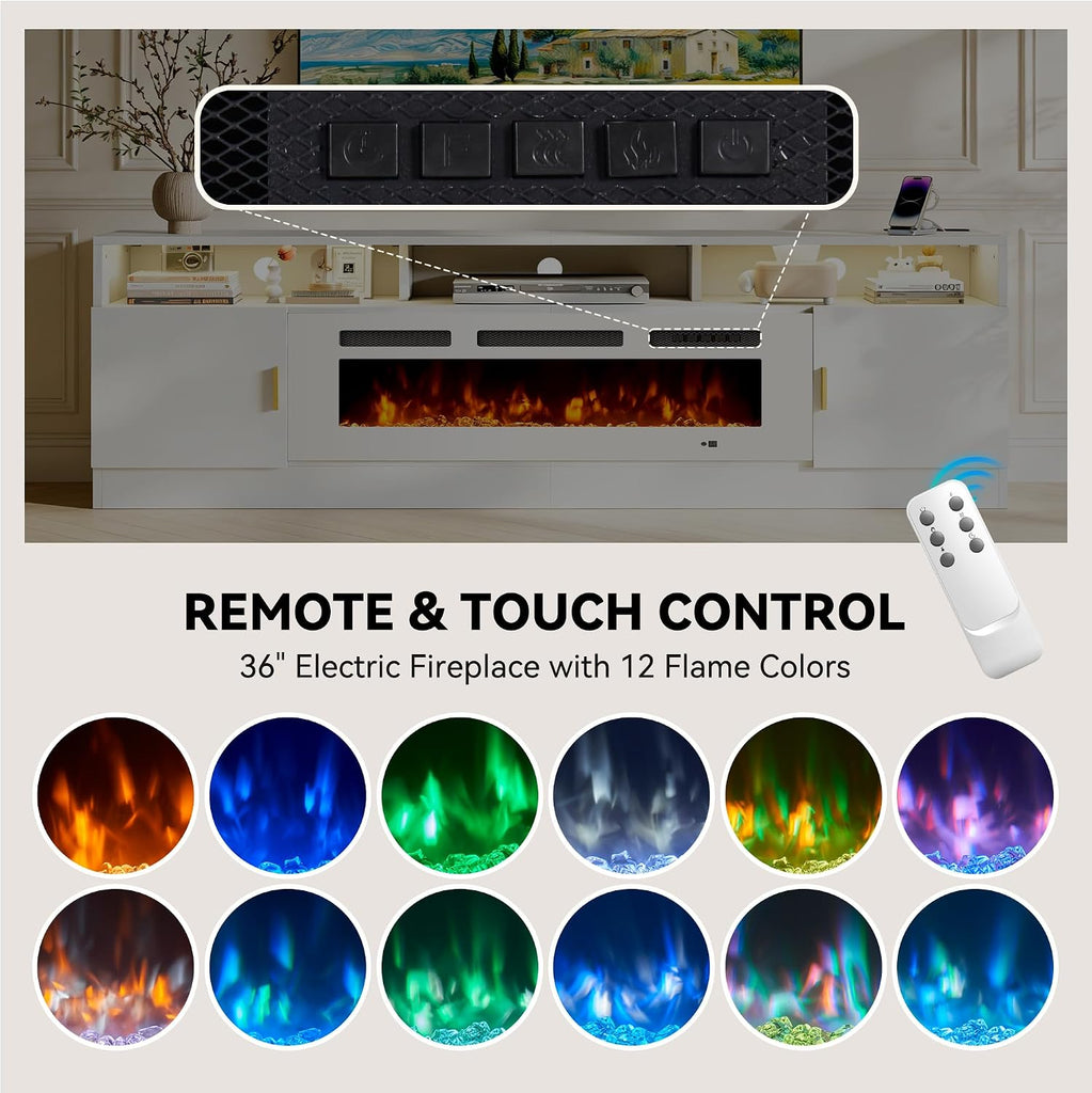 80" Fireplace TV Stand with Power Outlet, Electric Fireplace Entertainment Center with Storage Cabinets, Fits TVs up