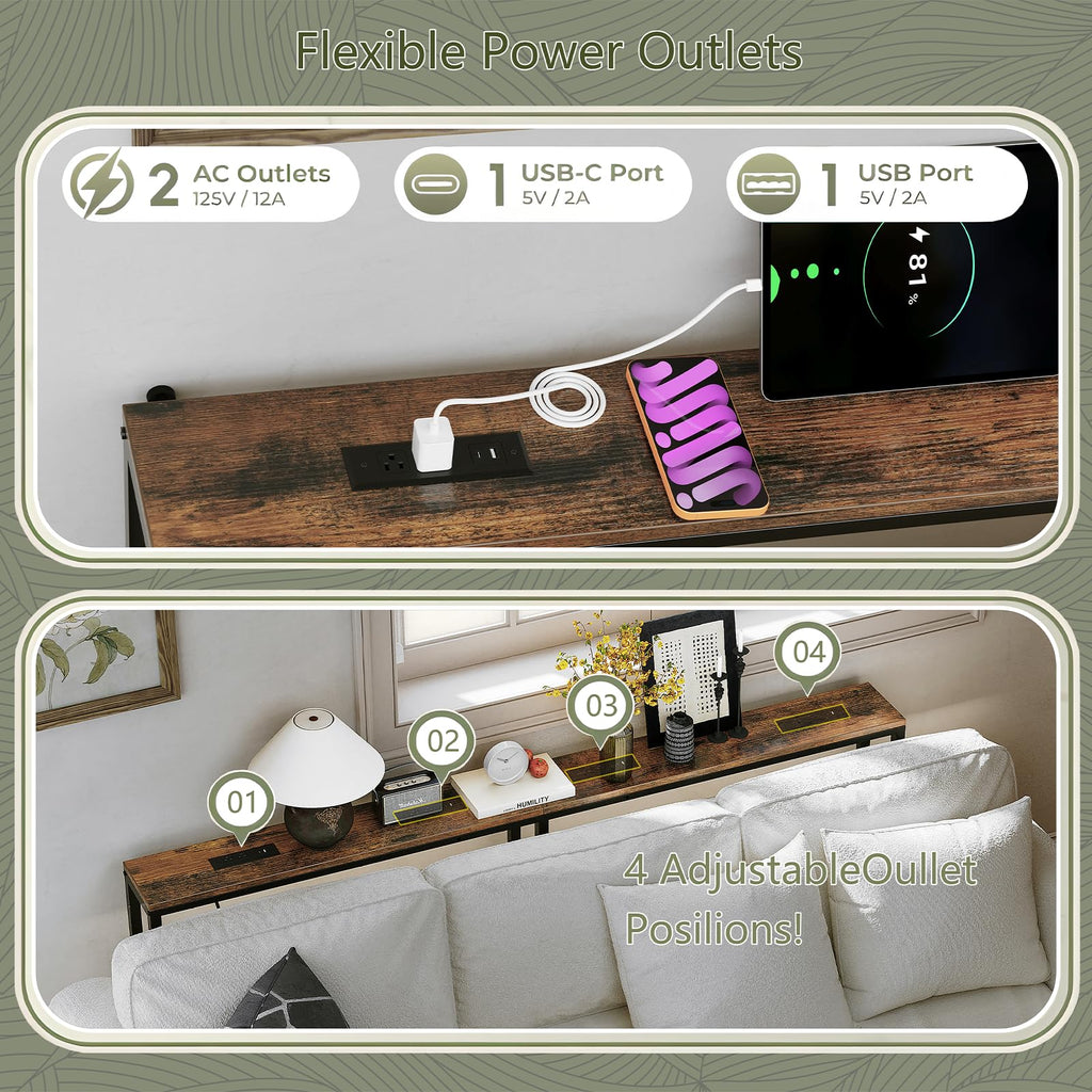 102.4" Behind Couch Table Adjustable Height 23.8~34.8" with 2 Charging Stations, 5.9" Narrow Console Table Skinny