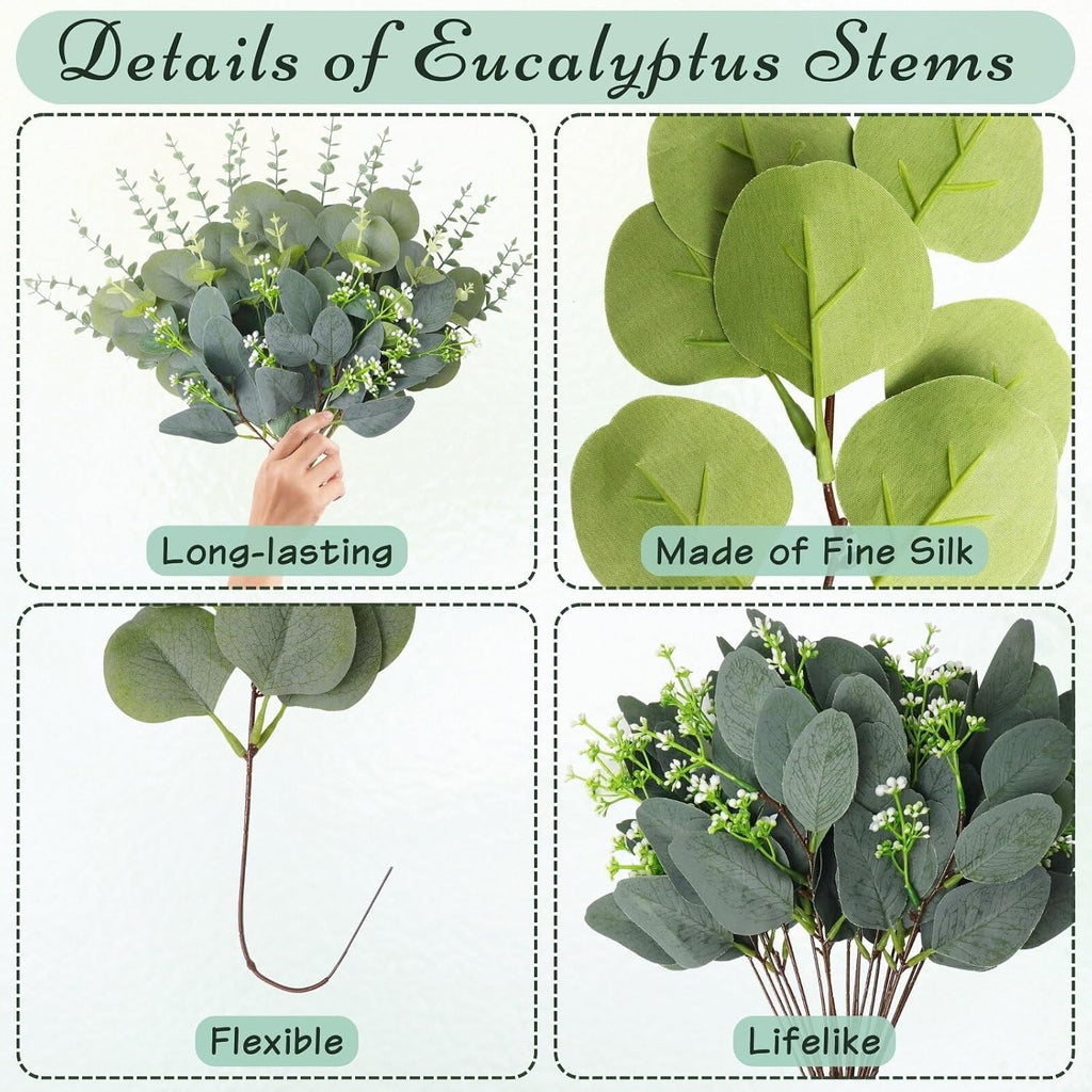 Eucalyptus Stems Bulk , 4 Kinds Mixed Artificial Silver Dollar Eucalyptus Leaves Bundle Faux Greenery Branches - Set of 30