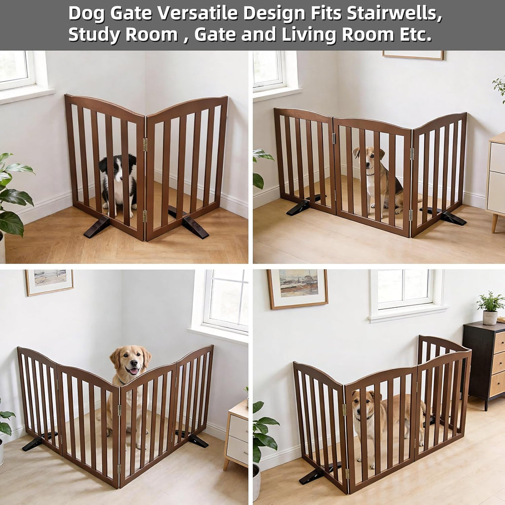 Freestanding Dog Gate Indoor, Doggie Gate Foldable Pet Gates for Doorways, Stairs or Hallways, Wooden Brown Pet Gate