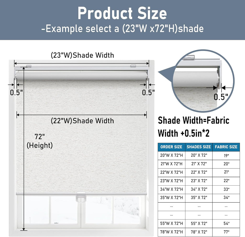 Cordless Roller Shades Blackout Blinds for Windows Room Darkening Rolled Up Shades with Spring System, UV Protection