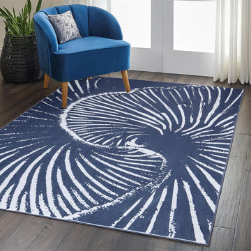 Modern Contemporary Area Rugs Navy Blue Washable, Ultra Thin Abstract Swirl Stripes Ocean Wave Minimalist Indoor