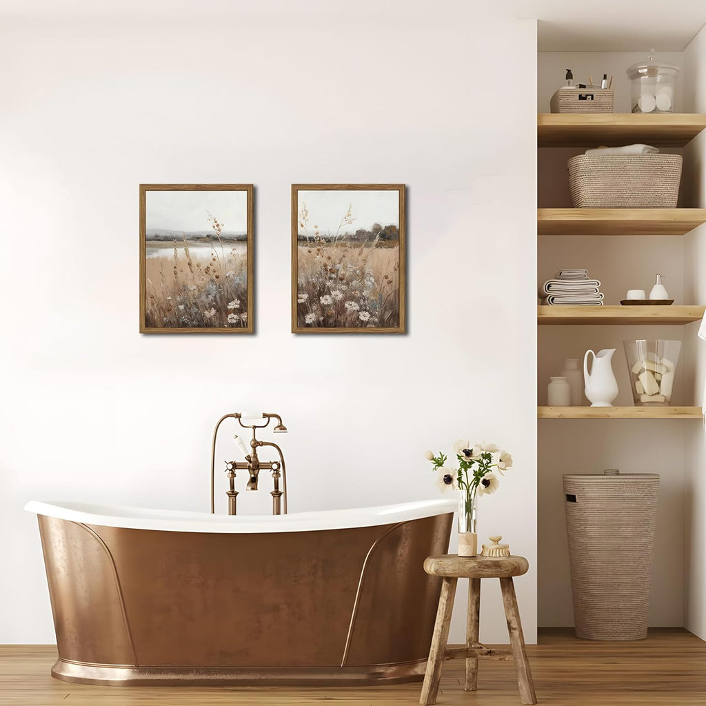 Framed Vintage Wildflower Wall Art Set of 2, Retro Country Floral Canvas Wall Decor Paintings, Farmhouse Field