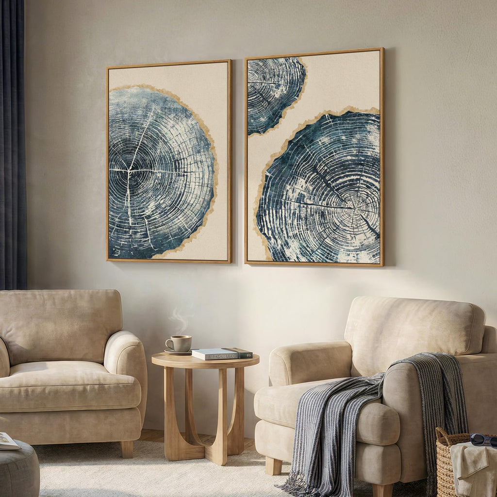Framed Navy Blue and Beige Tree Rings Canvas Wall Art Bedroom, 24x36 Inch