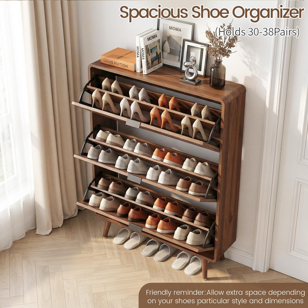 Fluted Shoe Storage Cabinet with 3 Flip Drawers (All Walnut, 3 Drawers)