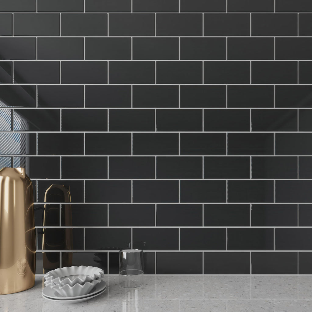 Glass Subway Backsplash Tile, 3 x 6, Black
