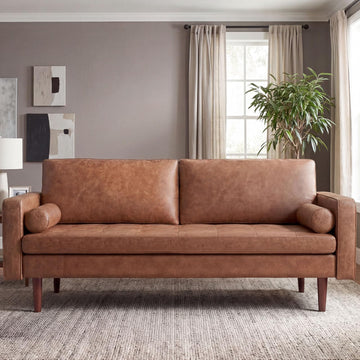 Faux Leather Couch, 70" Mid-Century Modern Sofa, Brown