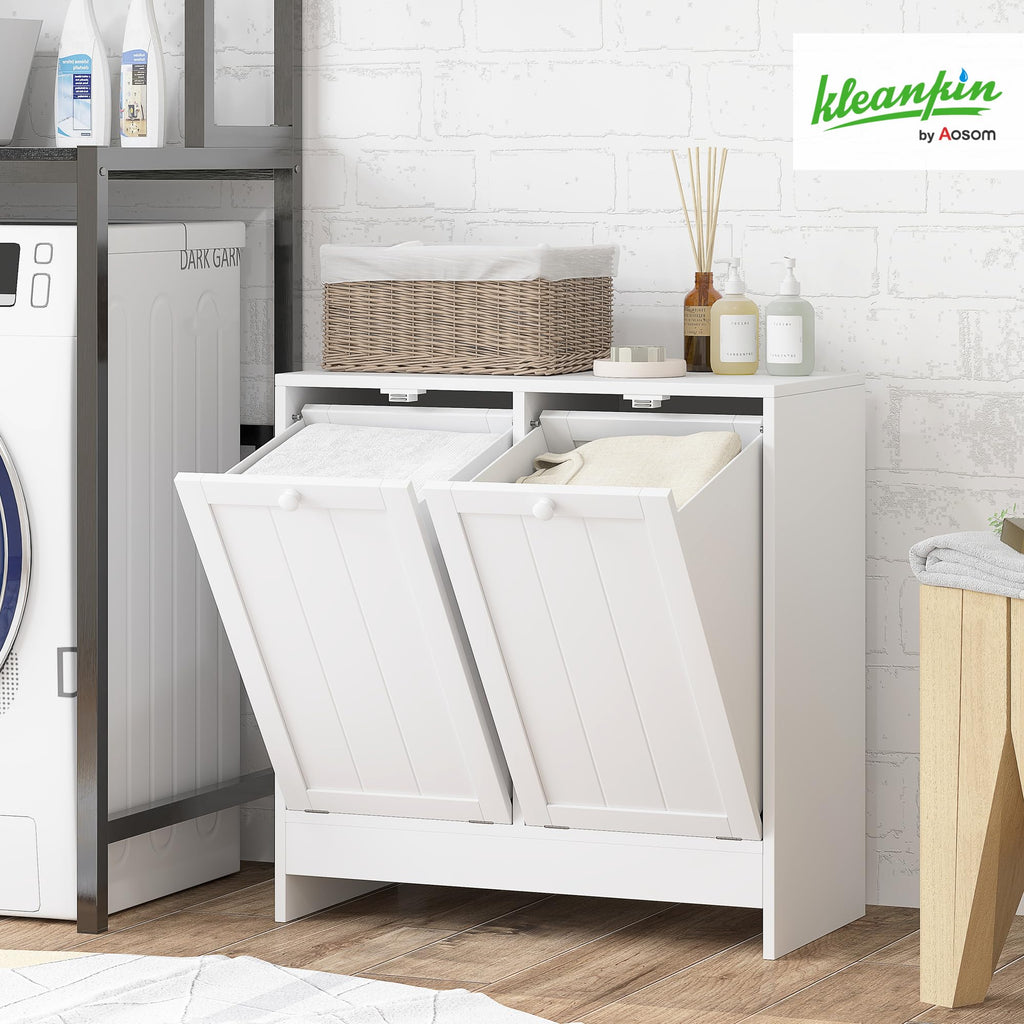 Double Tilt Out Laundry Hamper Cabinet with Storage 2 Doors White