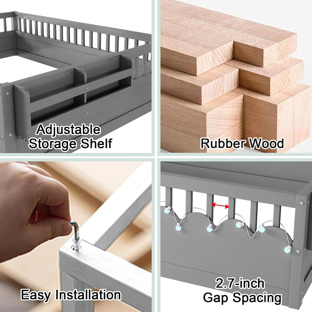 Montessori Floor Bed with High Rails,Full Size Floor Bed Frame for Kids, LED Lights & Storage Shelf, Safe & Wider