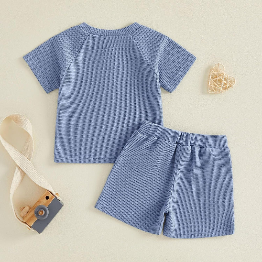 Toddler Baby Boy Summer Clothes Button Waffle Short Sleeve T-Shirt Top Elastic Waist Shorts Set 2Pcs Infant Outfit