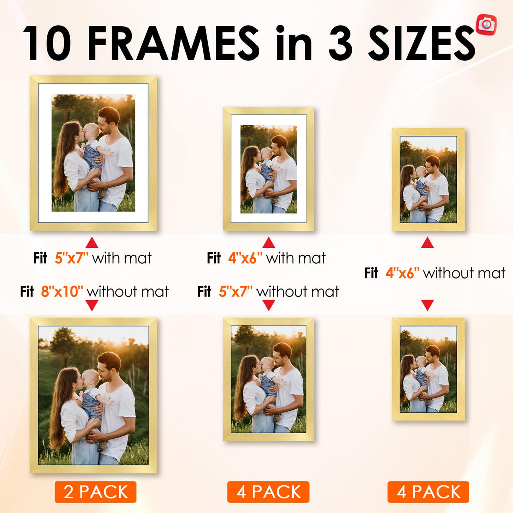 10 Pack Picture Frames Collage Wall Decor for Mounting or Tabletop Display, Gallery Wall Frame Set with Two 8x10 Gold