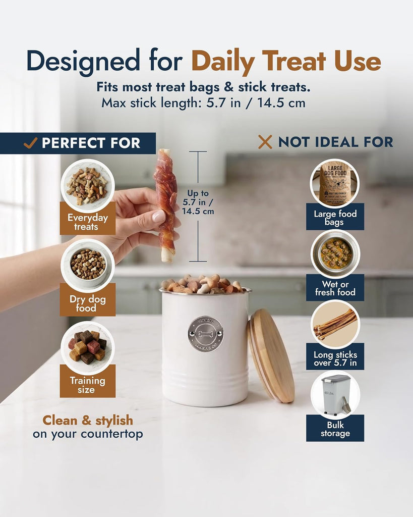 Dog Treat Container with Bamboo Lid, White Metal, 5.1" W x 6.5" H, 6.4 Cups