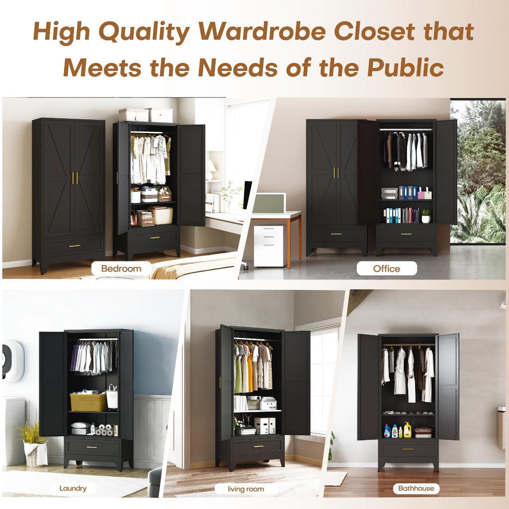 71" H Armoire Wardrobe Closet with 1 Drawer, Metal Wardrobe Closet with Doors and Adjustable Shelves, Wardrobes