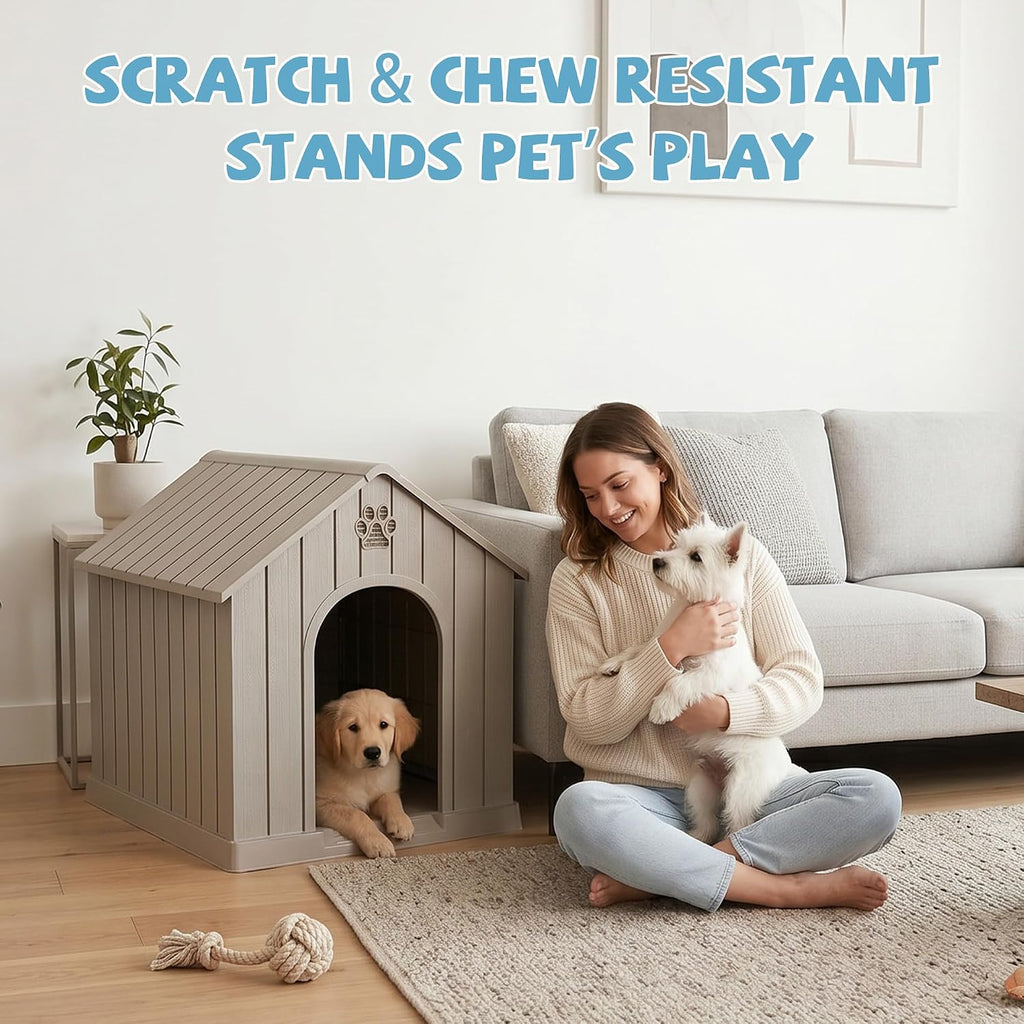 43Inch Large Dog House Outdoor, Waterproof Resin Dog Kennel Shelter Indoor