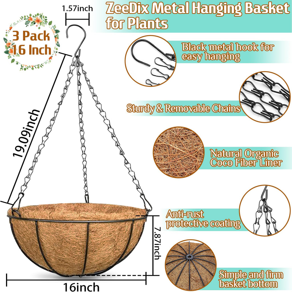 3 Pack 16 Inch Large Hanging Baskets for Plants Outdoor with Coconut Liners Replacement, Hanging planters Baskets