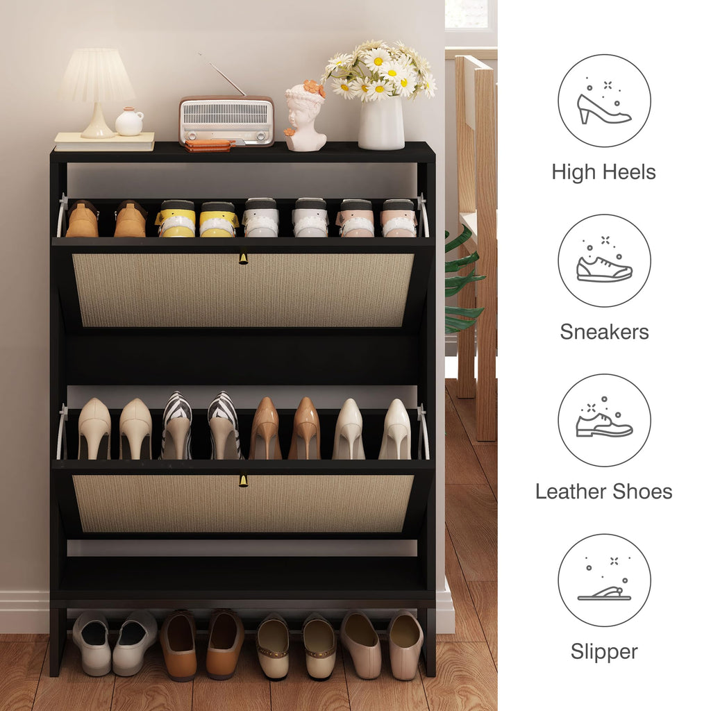 Black Narrow Shoe Cabinet, Hidden Slim Shoe Storage Cabinet, 25.6"x34.7" Flip Drawer Shoe Oraganizer Rack with Metal