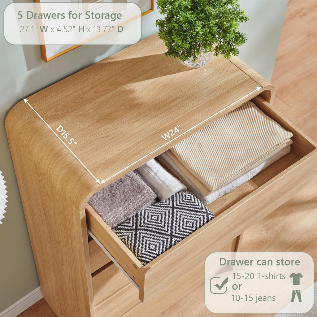 Modern 5 Drawers Dresser, 45" Tall Dresser, Natural Oak