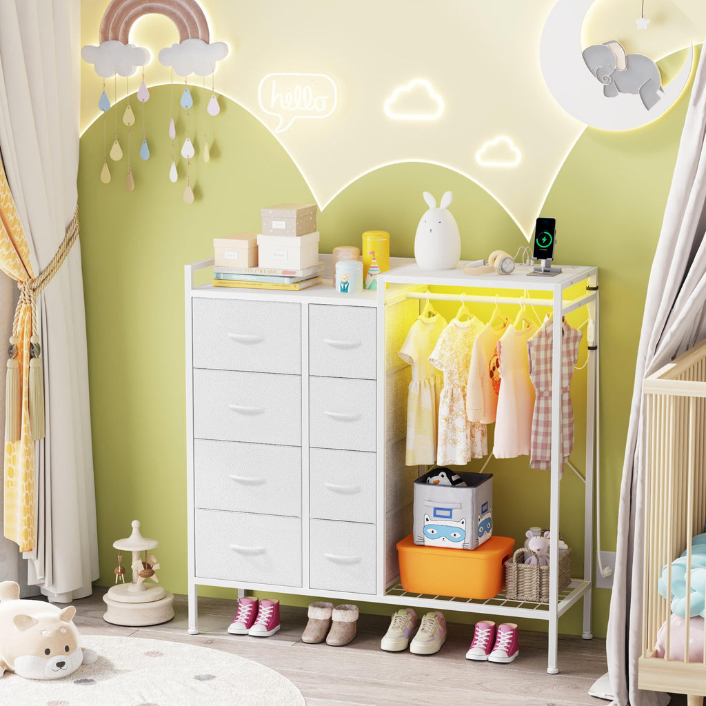 8-Drawer with Hanging Rack, White, 11.8"D