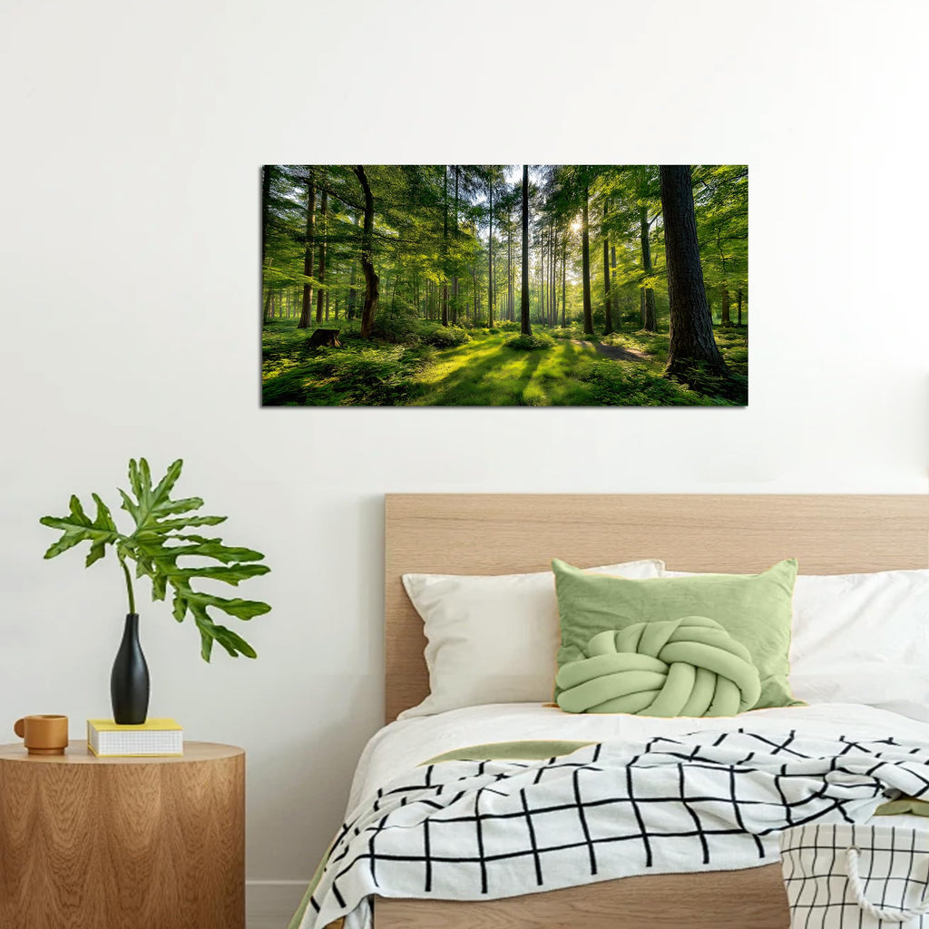 Large Forest Wall Art Green Woodland Landscape with Sunlight Modern Nature Wall Decor Office Home Decor 20"x40"