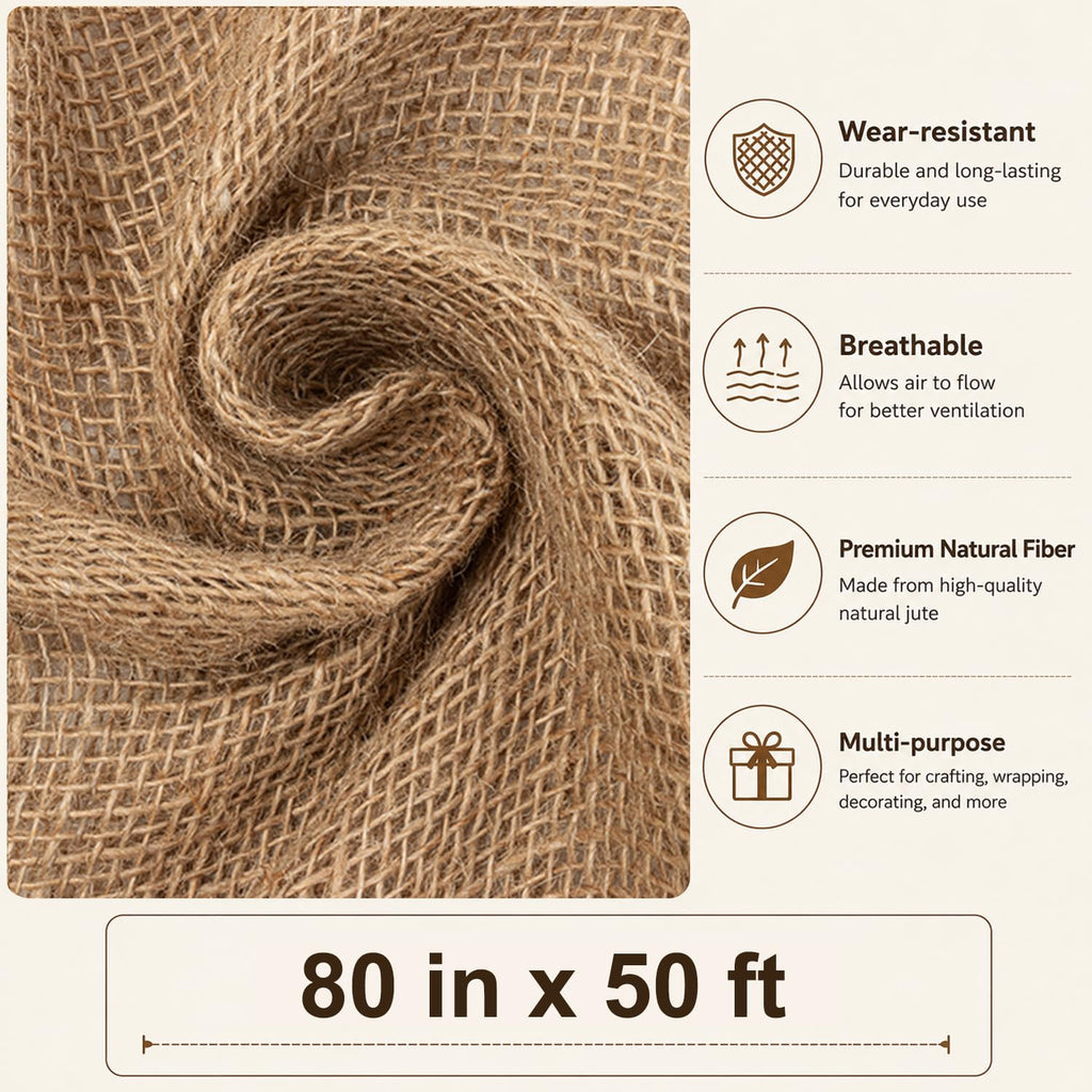 Natural Burlap Fabric Roll, 80 in x 50 ft, Garden Weed Barrier