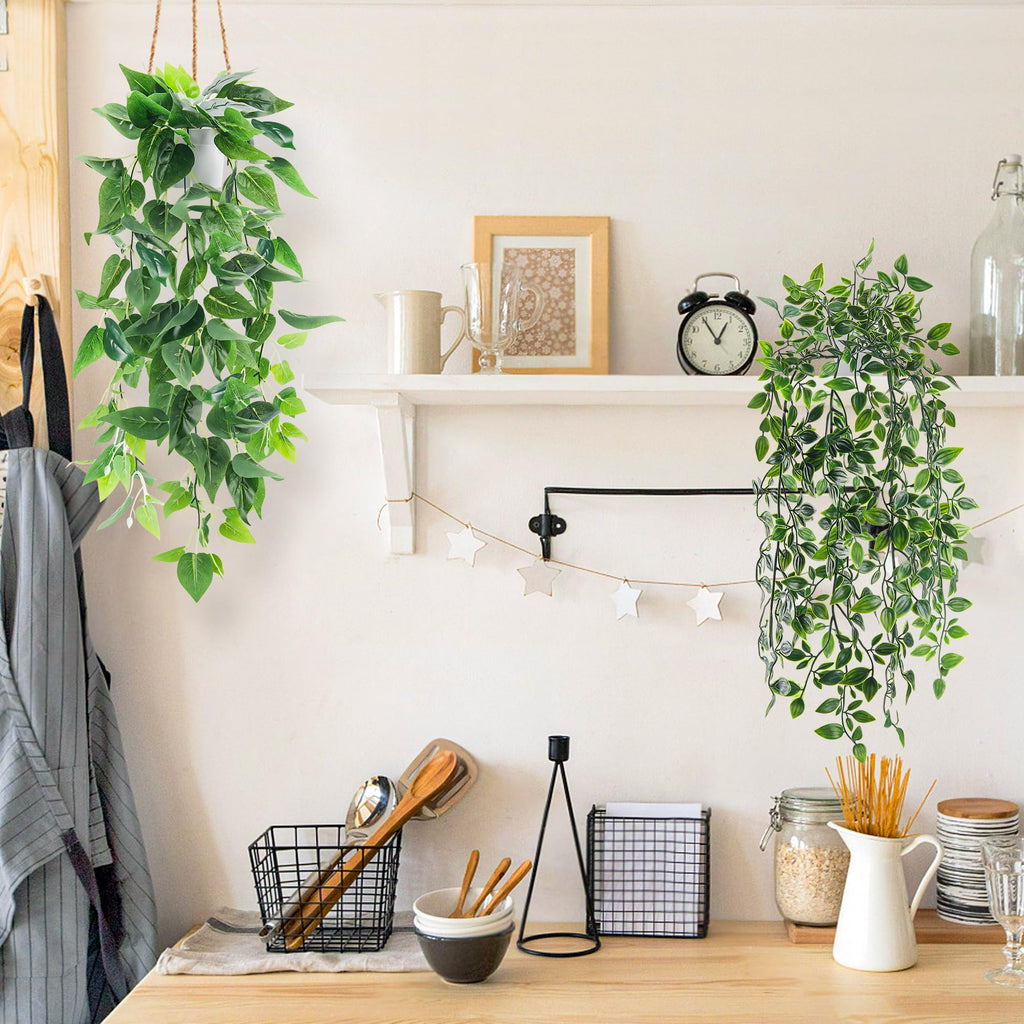 2Pcs Fake Hanging Plants Artificial in White Pots Decor