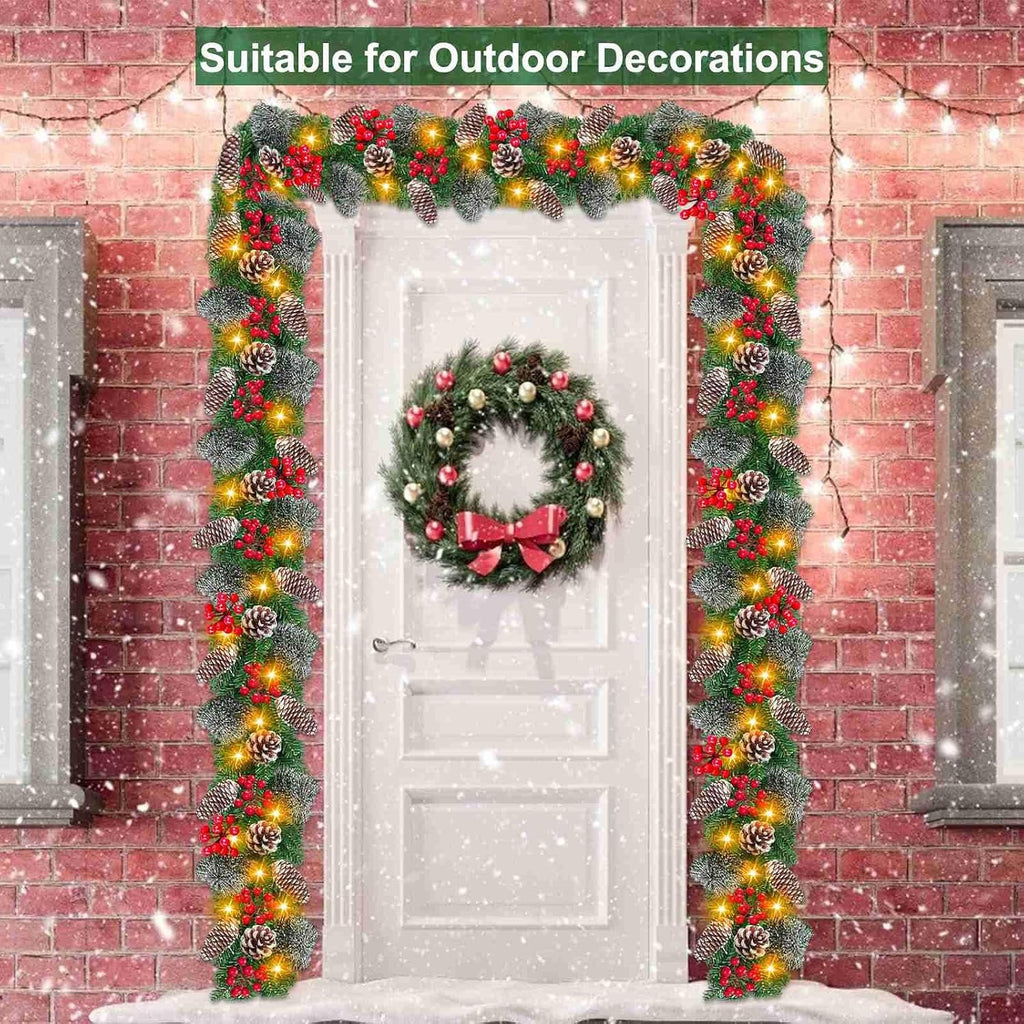 Timer 8 Modes - 9 Ft by 10 Inch Prelit Christmas Garland with 50 Warm Lights Thick 270 Snowy Bristle Pine 10 Pinecone