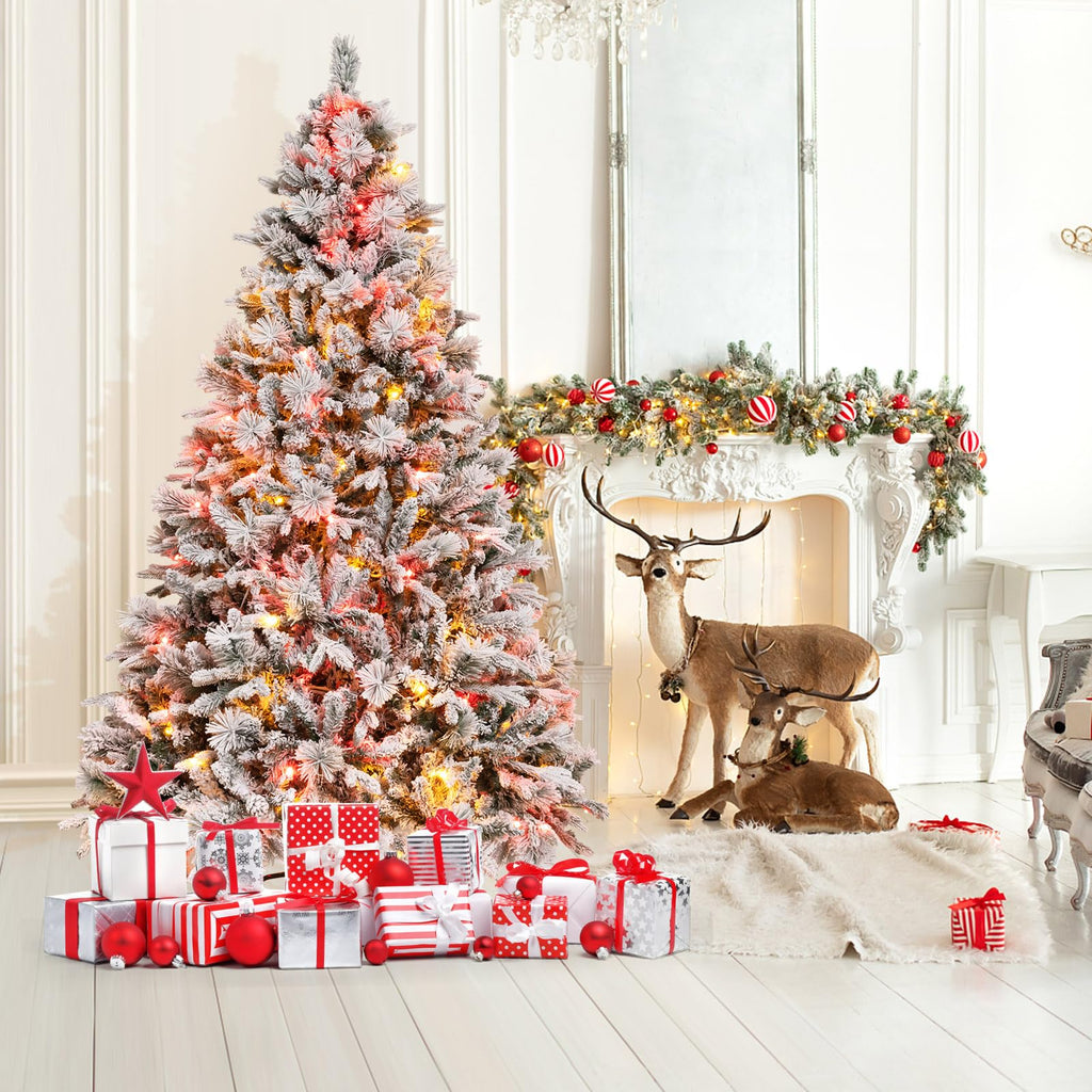 7 FT Artificial Christmas Tree with Pine Needles, Snow Flocked Xmas Tree with 1270 PE & PVC Branch Tips, 320 LED