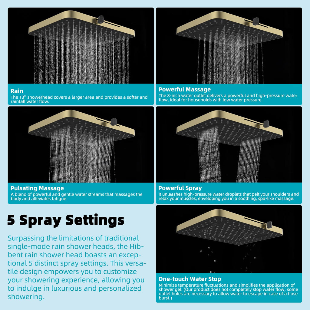 5 Spray Modes Shower Head, 13'' High Pressure Rain Shower Head, Large Rainfall Showerhead, High Flow Waterfall Fixed