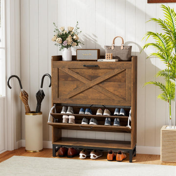 Rustic Farmhouse Shoe Cabinet with 2 Flip Drawers, Narrow Entryway Shoe Storage Organizer for 12-16 Pairs
