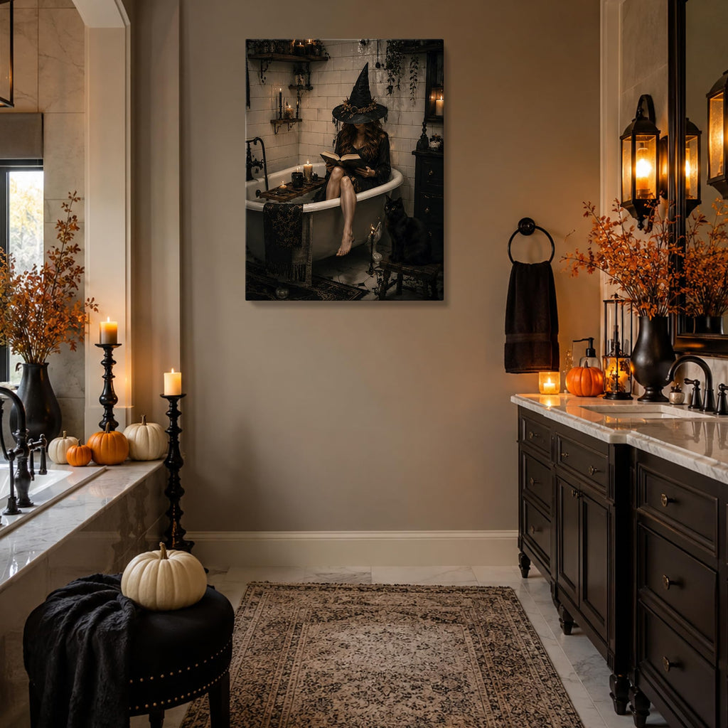Halloween Canvas Wall Art, Witch in Bathtub with Cat Halloween Pictures
